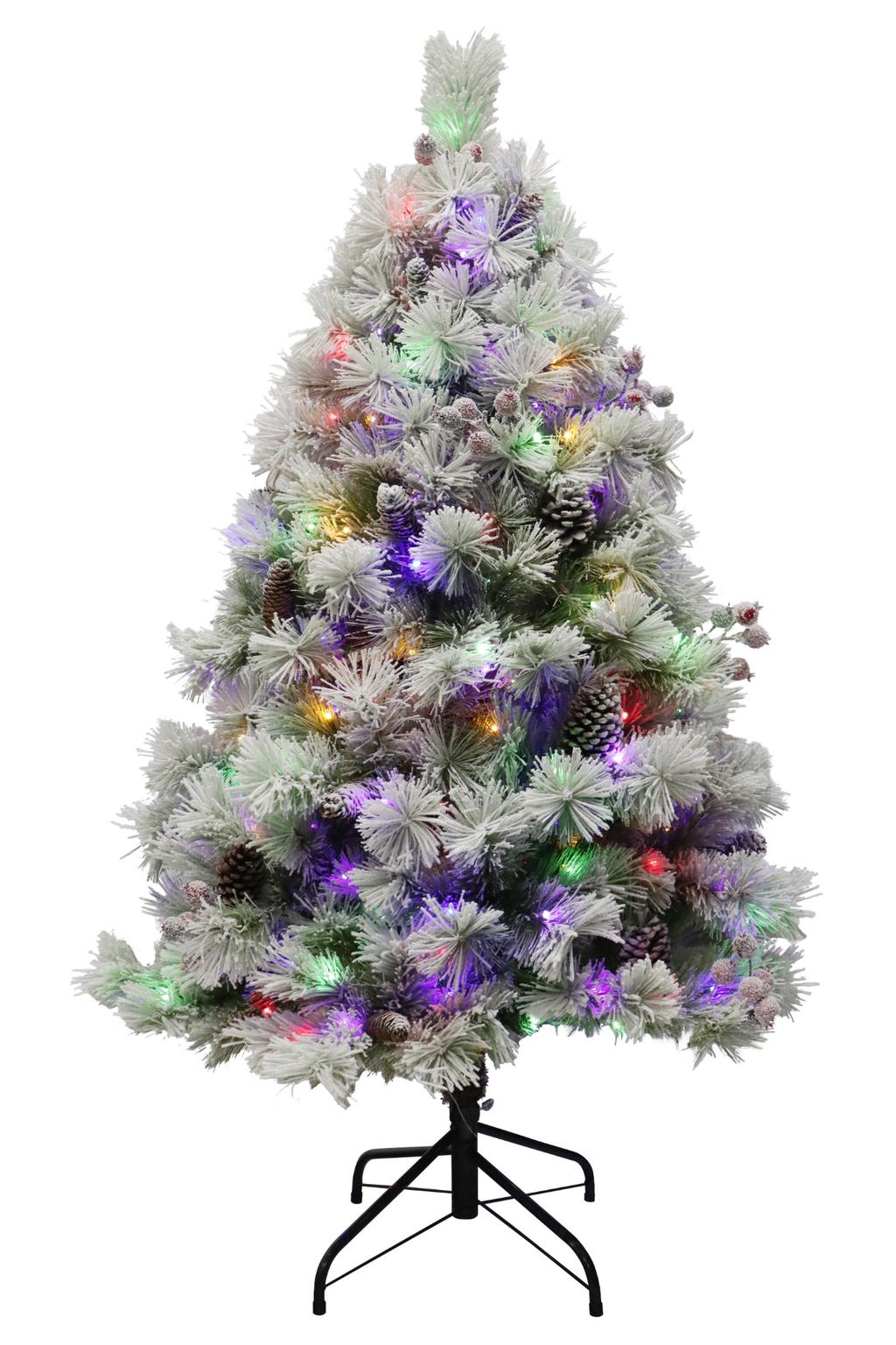 Puleo International 4.5ft Pre-lit Connecticut Tree with Red Berries, Pinecones, 200 and Dual Color LED Lights with Functions, Foot Pedal, and Remote Control